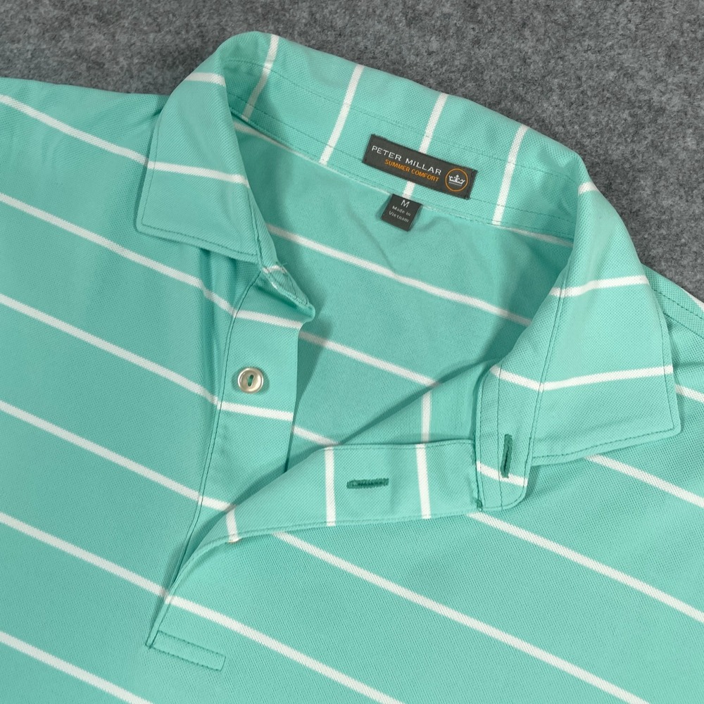 Peter Millar Mens Polo Shirt M Mint Green Striped Summer Comfort Short Sleeve